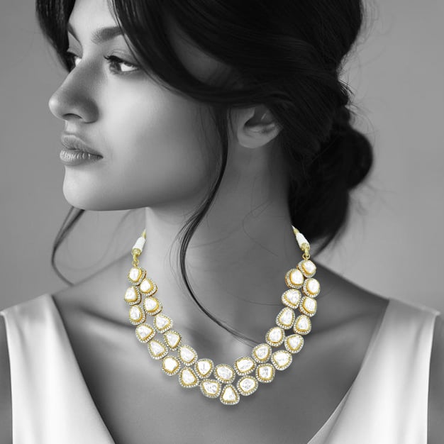 Layered Polki Diamond Necklace with Full-cut Halos